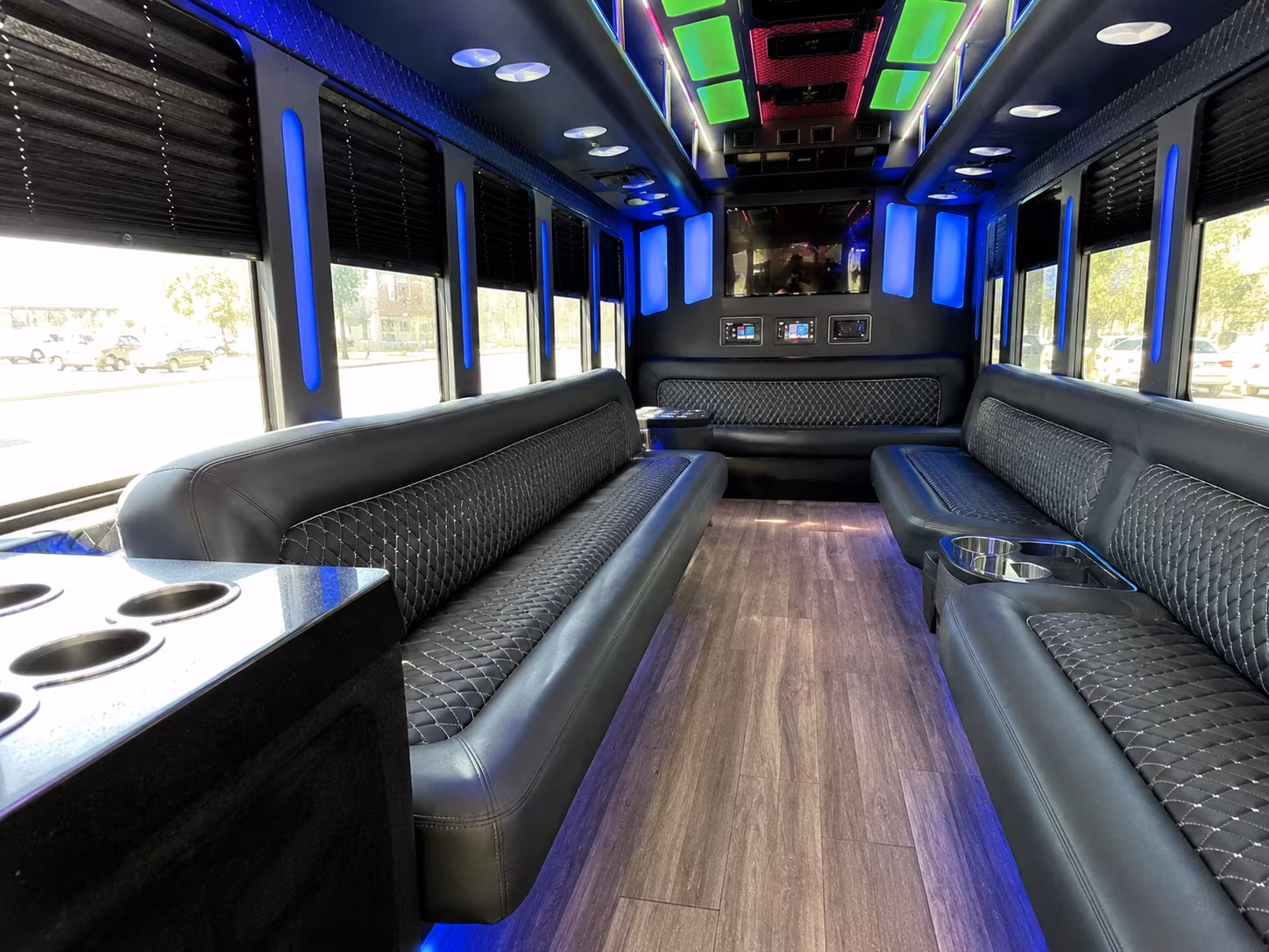 austin 15 passenger party bus inside