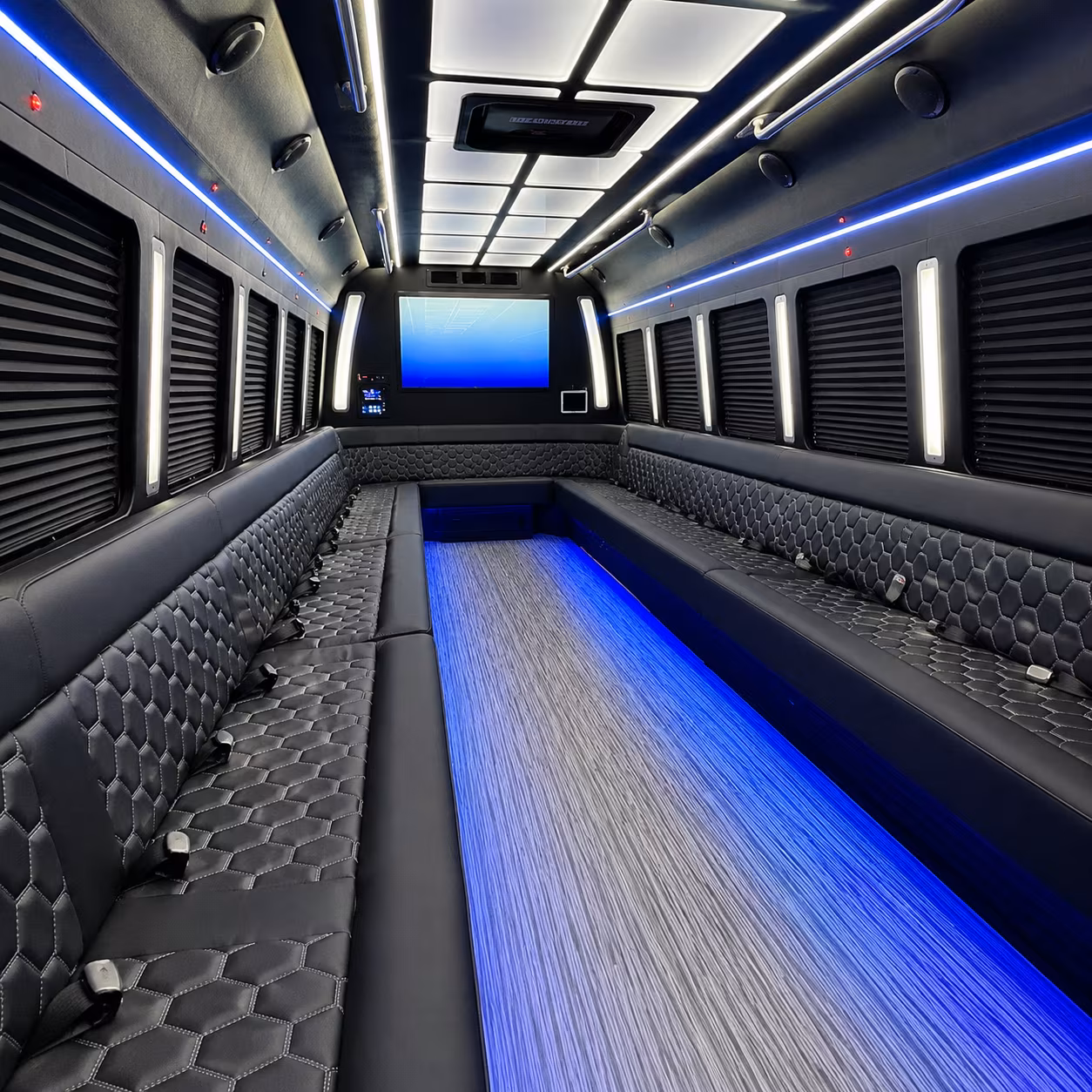 austin 50 passenger party bus inside